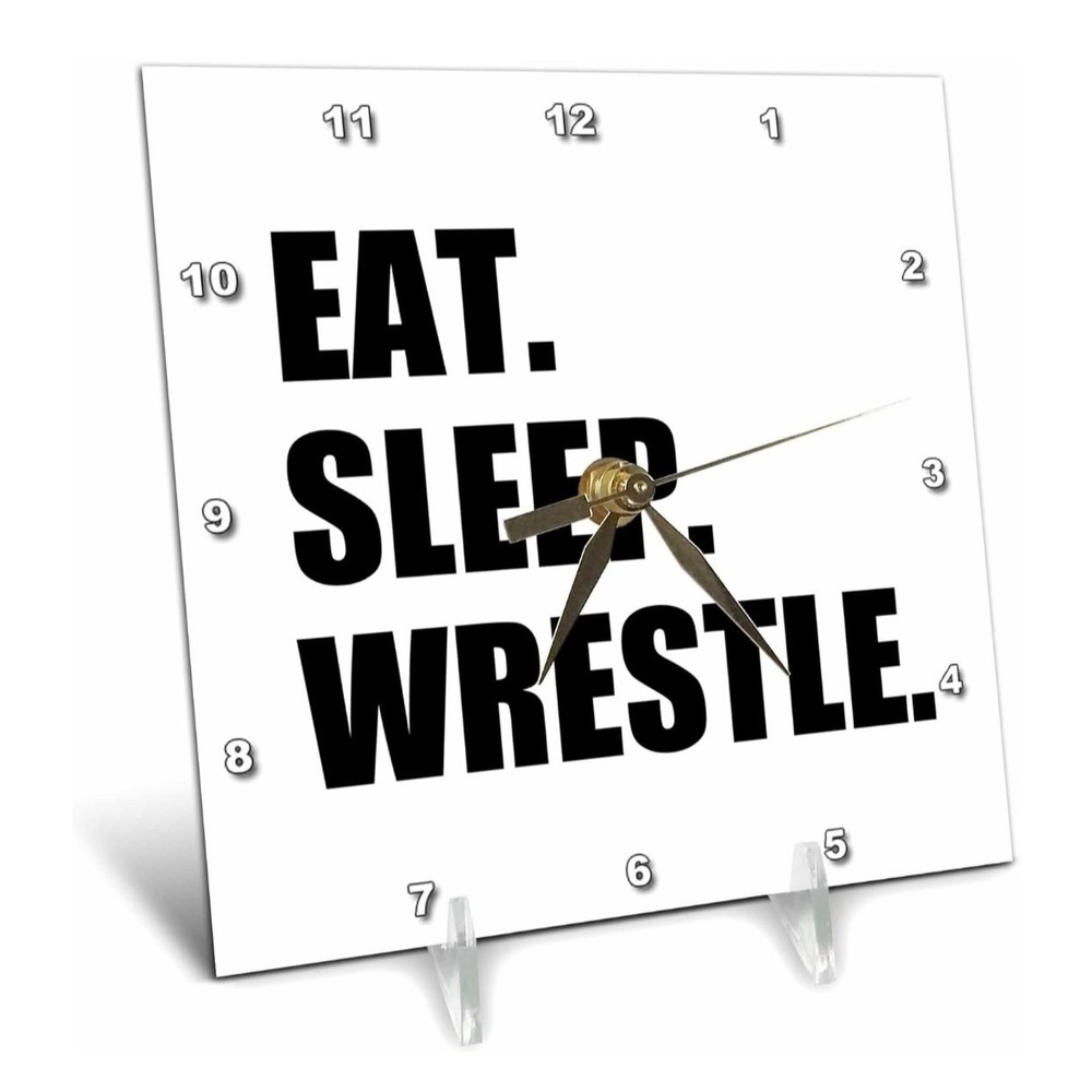 "Eat Sleep Wrestle" Wrestling Fan White Desk Clock 6 by 6-Inch Black Words s1